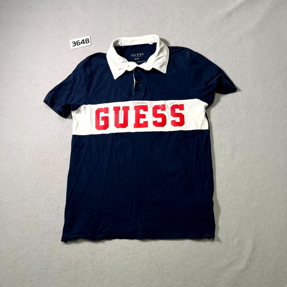 Guess Los Angeles Polo Shirt Mens Small Navy Blue Stretch Logo Short Sleeve Golf